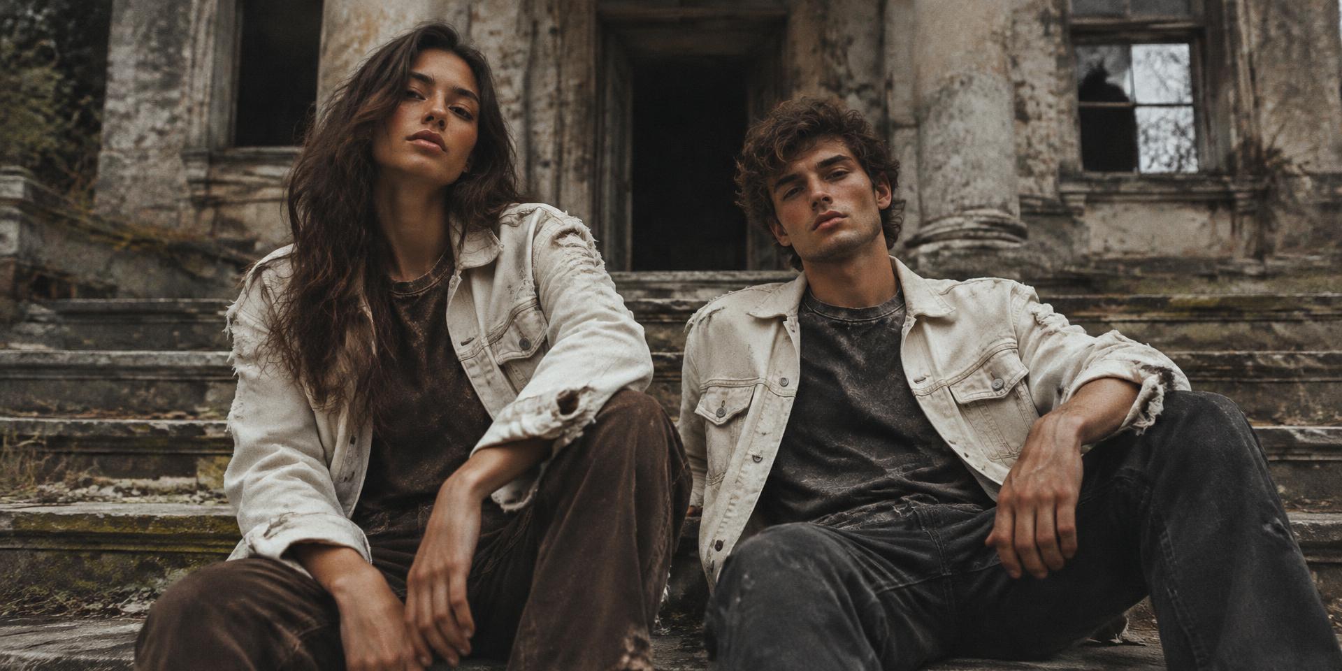 AMQÉVI campaign — distressed denim on old stone steps