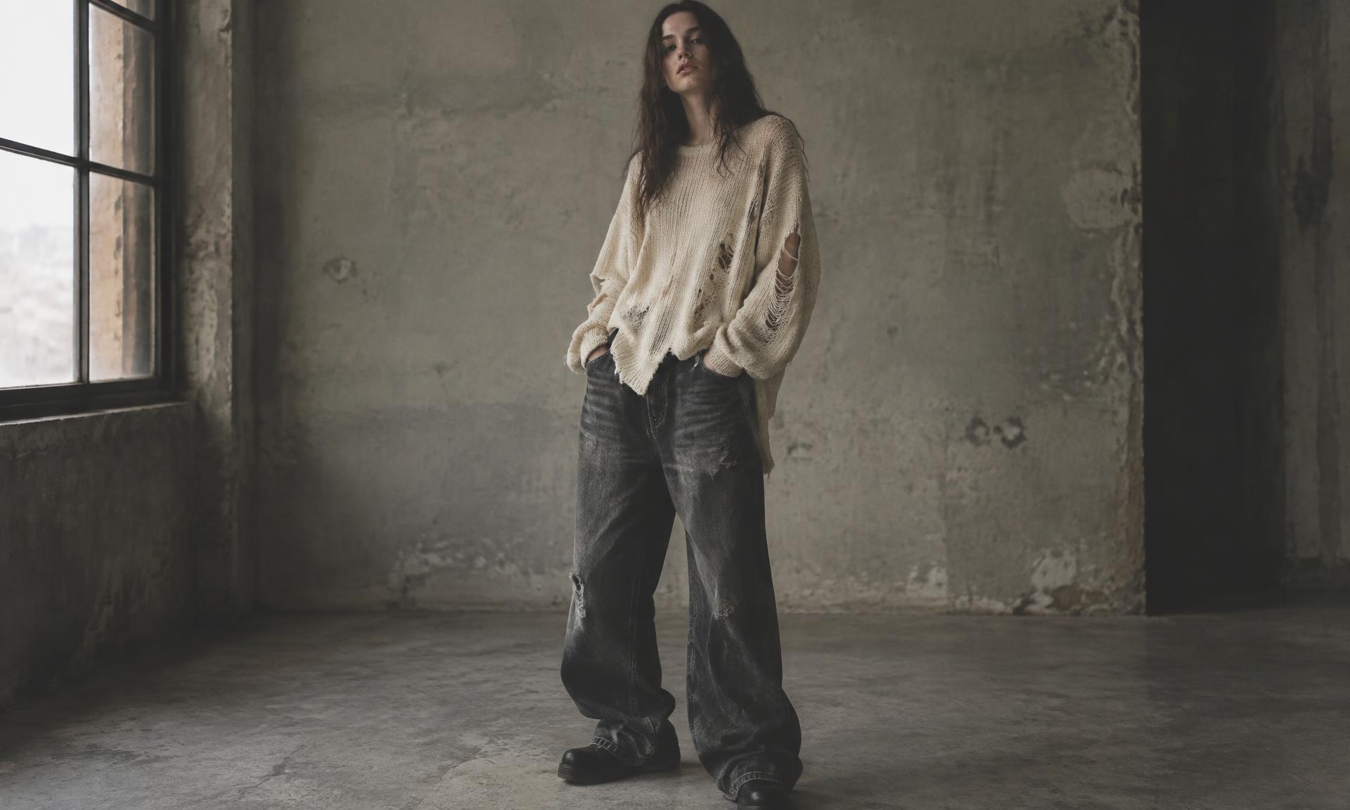 Model in an AMQÉVI distressed knit and washed denim